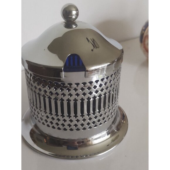 England Chrome Covered Jam/Honey - Condiment Server w Cobalt Blue Insert - Picture 2 of 12